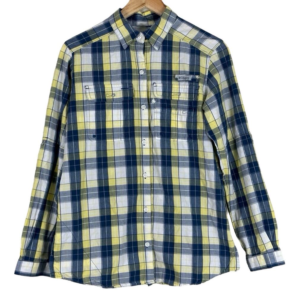 Columbia Button Down Shirt Mens S Yellow Blue Plaid 100% Cotton Outdoor Gorpcore